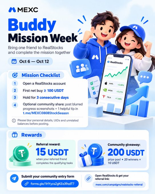 A MEXC promotional poster for 'Buddy Mission Week' from Oct 6 - Oct 12, detailing mission steps, a 15 USDT referral reward, and a 200 USDT community giveaway.