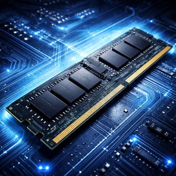 A glowing blue-lit RAM stick and circuit board illustrate memory hardware infrastructure, connecting to the post's note that 70% of RAM production will supply data centers, supporting the Pi Network's V25 update and the role of PC hardware like Sudo in its nodes.