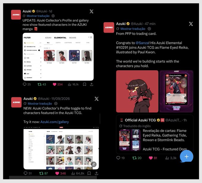 A collage of social media posts from Azuki (@Azuki) showcasing updates about the Azuki Collector's Profile and gallery, a new character 'Flame Eyed Reika' illustrated by Paul Kwon joining Azuki TCG, and reveal of trading cards including Gathering Tide, Rowan and Stormlink Beads.