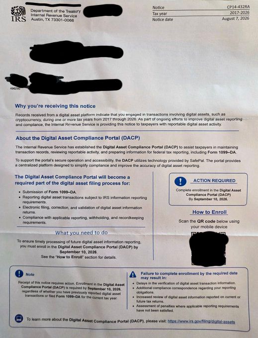 An IRS notice (CP14-4328A) dated August 7, 2026, regarding digital asset compliance and requiring enrollment in the Digital Asset Compliance Portal (DACP) by September 10, 2026.