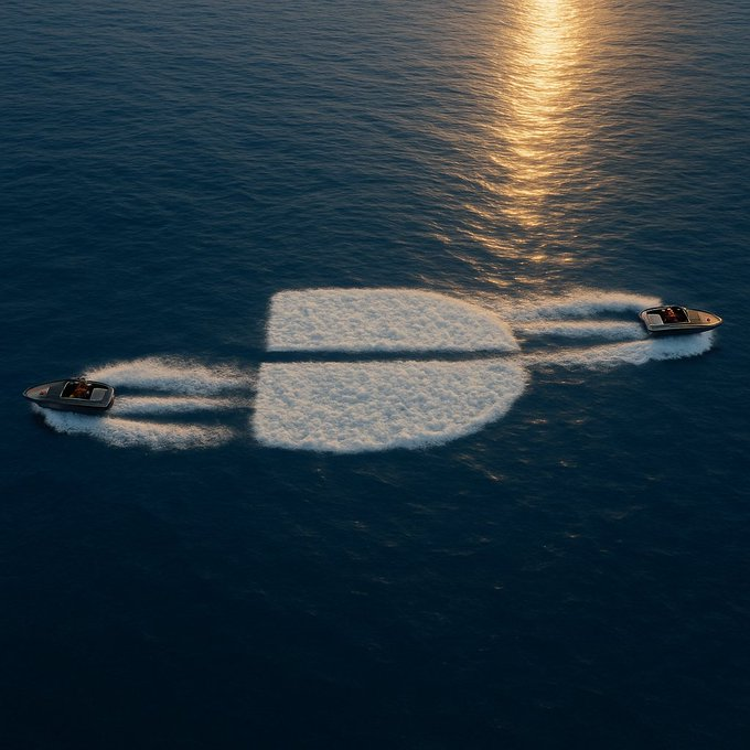 An aerial view of two boats on dark ocean water at sunset creating wake patterns that visually form the shape of an electrical plug.