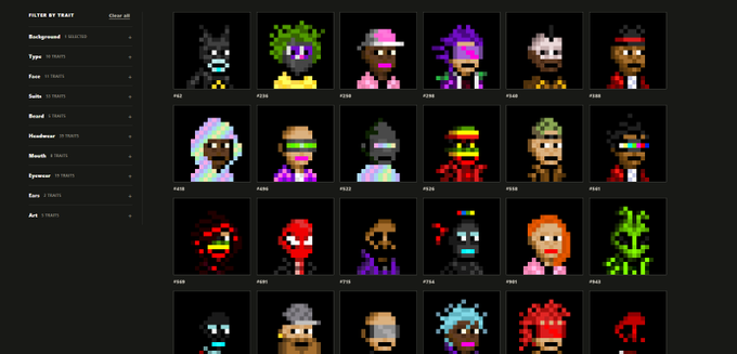 A dark-themed web interface titled 'FILTER BY TRAIT' showing a grid of pixel-art character avatars categorized by attributes like Background, Type, Hair, and Hoodie.