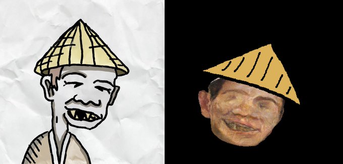 A side-by-side comparison showing a cartoon drawing of a man wearing a traditional conical hat on the left, and a photorealistic face with the same hat photoshopped on at an angle on the right.