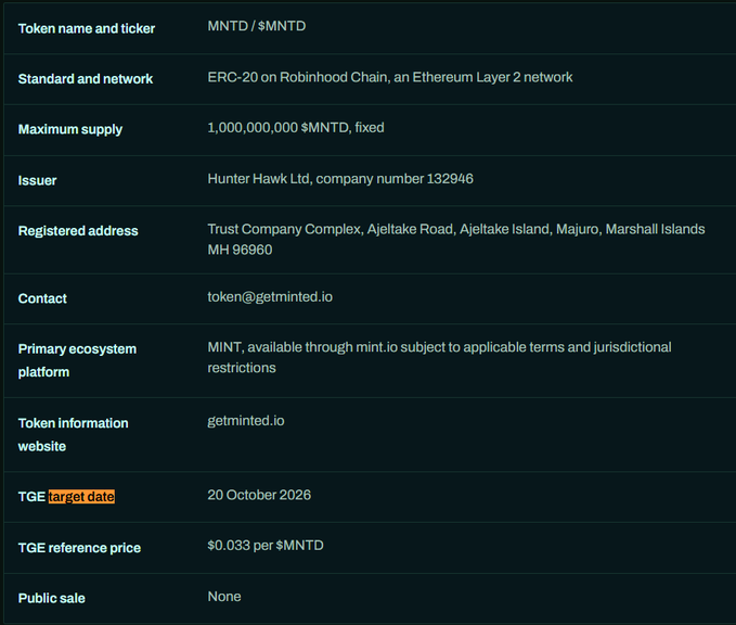 A specification table for the MNTD/$MNTD token, an ERC-20 on Robinhood Chain issued by Hunter Hawk Ltd with a 1,000,000,000 fixed supply and a TGE target date of 20 October 2026 at $0.033 per $MNTD.