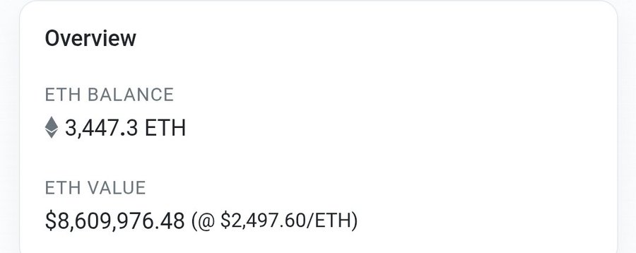 A digital wallet overview screenshot showing 'ETH BALANCE: 3,447.3 ETH' and 'ETH VALUE: $8,609,976.48 (@ $2,497.60/ETH)'.