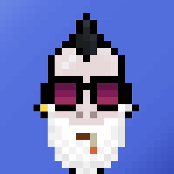 A pixel art character resembling a plague doctor with a top hat, white mask, and dark purple-lensed goggles, standing against a plain blue background.