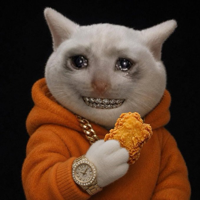 The 'Smiling Cat' meme dressed in an orange hoodie, wearing a gold chain, diamond-encrusted Rolex watch, and grillz, while holding a piece of fried chicken against a black background.