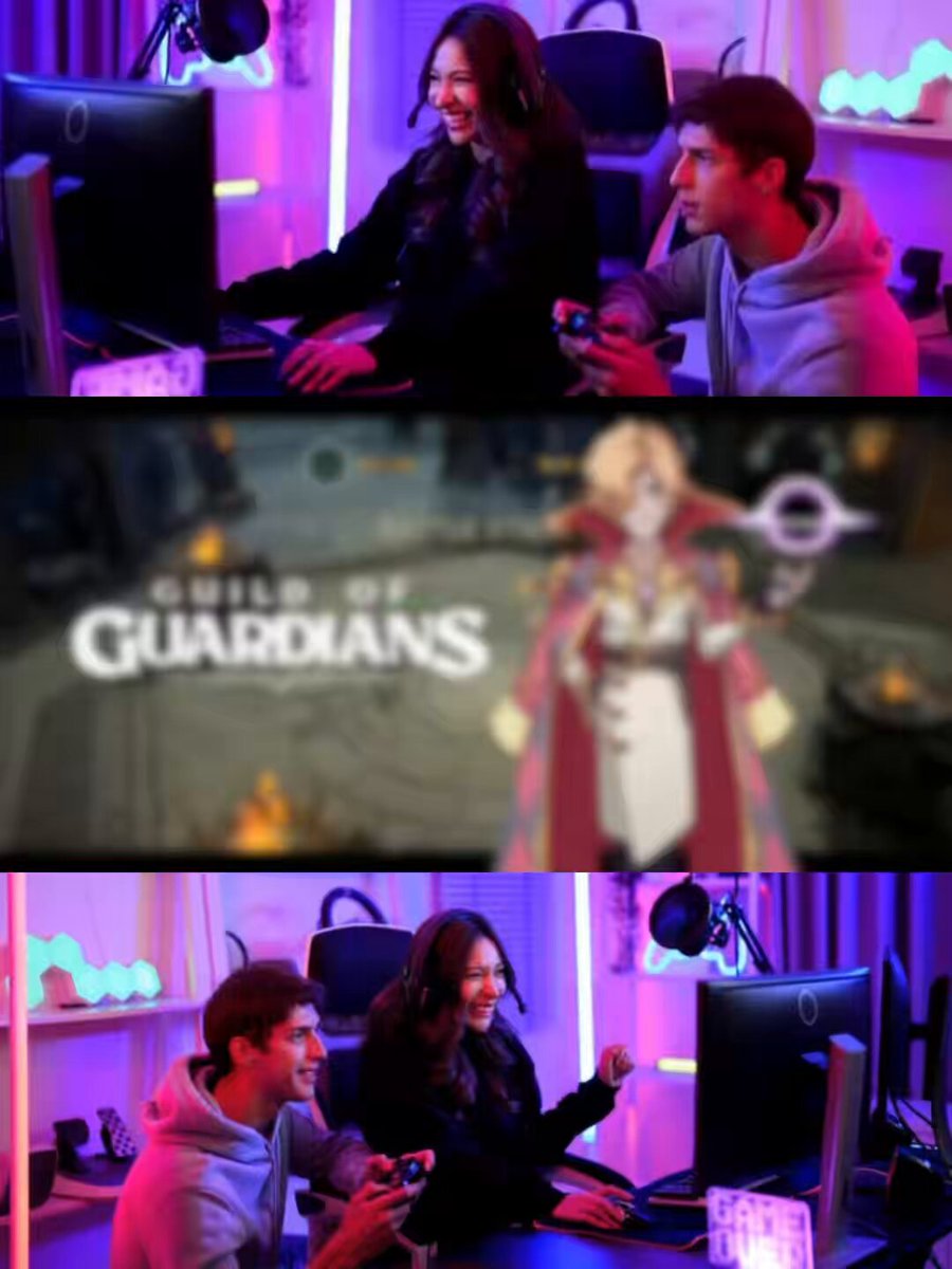 The image features a collage of three photos depicting people playing a video game together. In one photo, two people are sitting at a desk using gaming controllers while another person is standing nearby. The third photo shows a group of people gathered around a computer screen in front of a TV, all smiling and enjoying the game. The post about the Guild Of Guardians mentions that this game is straight FIRE! One of the top A-tier games on Immutable right now, which means it's an excellent choice for gamers looking to try out new titles or improve their skills.