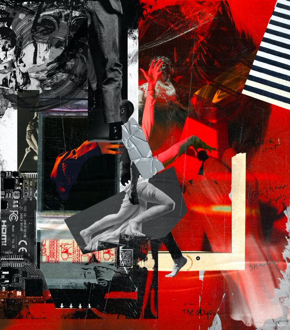A chaotic, collage-style mixed-media artwork dominated by red and black tones, depicting fragmented figures and abstract shapes with the partial text 'The dam' visible.