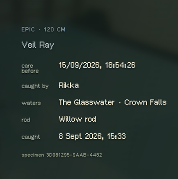A dark-themed game card detailing an EPIC 120 CM 'Veil Ray' caught on 8 Sept 2026 by 'Rikka' using a Willow rod at 'The Glasswater · Crown Falls', with specimen ID 3D081295-9AAB-4482.