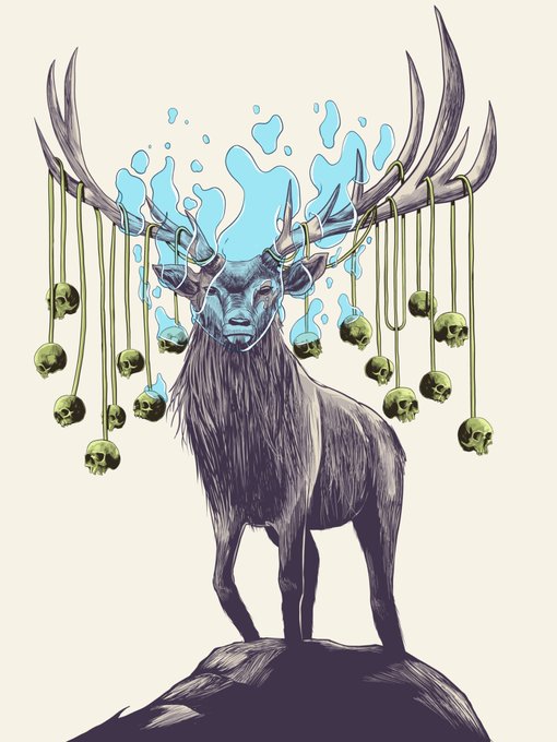 An illustration portrays a majestic stag standing on a rock with large antlers from which hang strings of small green skulls, with blue flame-like shapes rising behind its head.