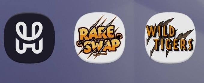 Three mobile app icons displayed side by side: a white H logo on dark background, 'RACE SWAP', and 'WILD TIGERS' on white rounded square icons.