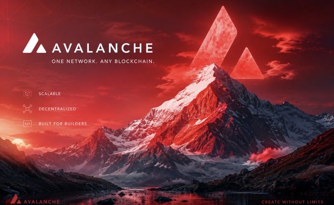 A dramatic red-toned promotional banner for Avalanche blockchain features its logo and tagline "ONE NETWORK. ANY BLOCKCHAIN." alongside key features ("SCALABLE," "DECENTRALIZED," "BUILT FOR BUILDERS") set against a stylized snowy mountain range, visually reinforcing the post's message about Avalanche supporting builders with essential resources and opportunities.
