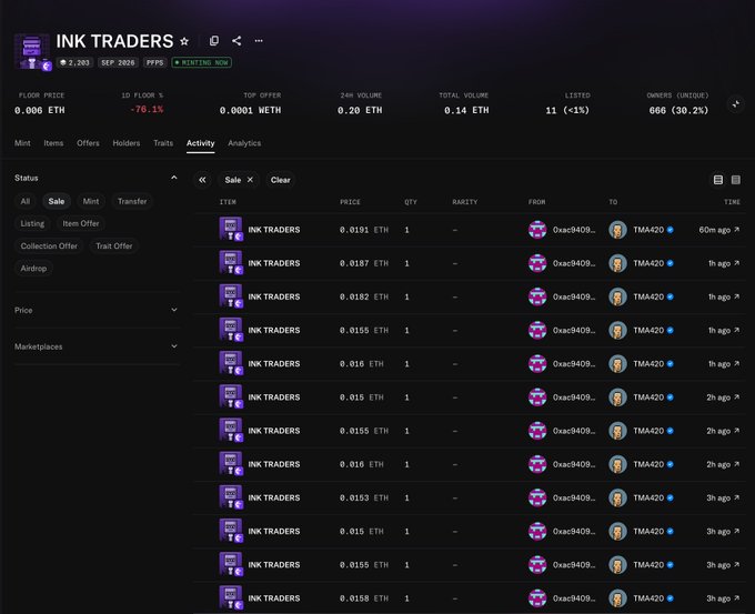 A trading platform screenshot showing activity for 'INK TRADERS' with a floor price of 0.086 ETH, down 76.1%, and a top offer of 0.0001 WETH. The activity log displays multiple recent sales at prices ranging from 0.0131 to 0.0191 ETH.