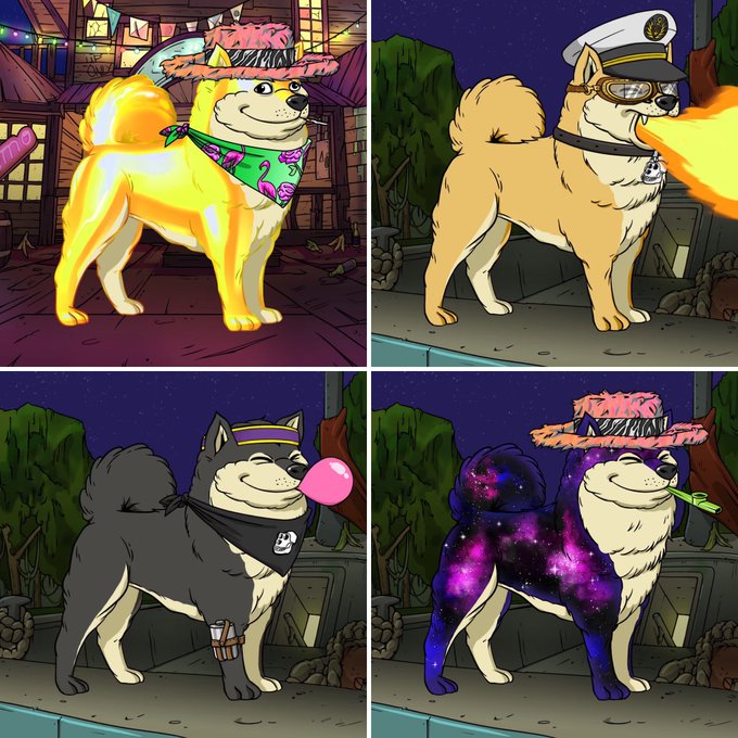 A four-panel comic featuring different anthropomorphic dog characters, including a dog wearing a sombrero and a galaxy-patterned dog.