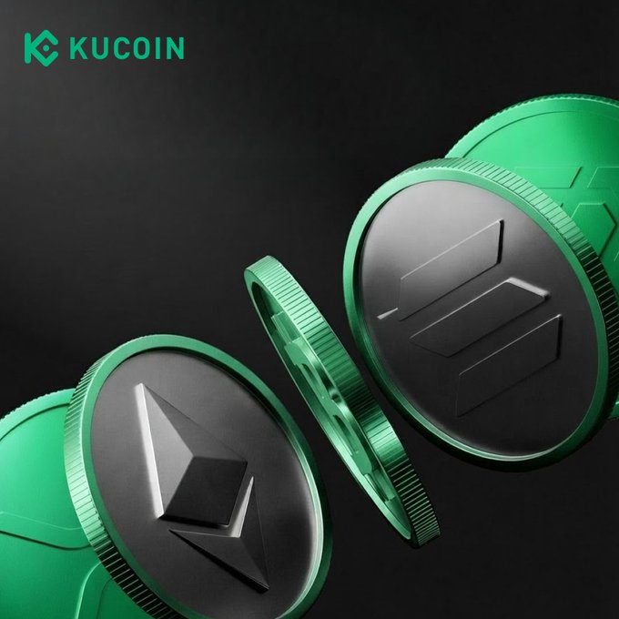A 3D rendering of two green and black Ethereum (ETH) and Solana (SOL) coins floating against a dark background, with the KuCoin logo in the top-left corner, visually representing the platform's extensive selection of 1,300+ crypto trading pairs.