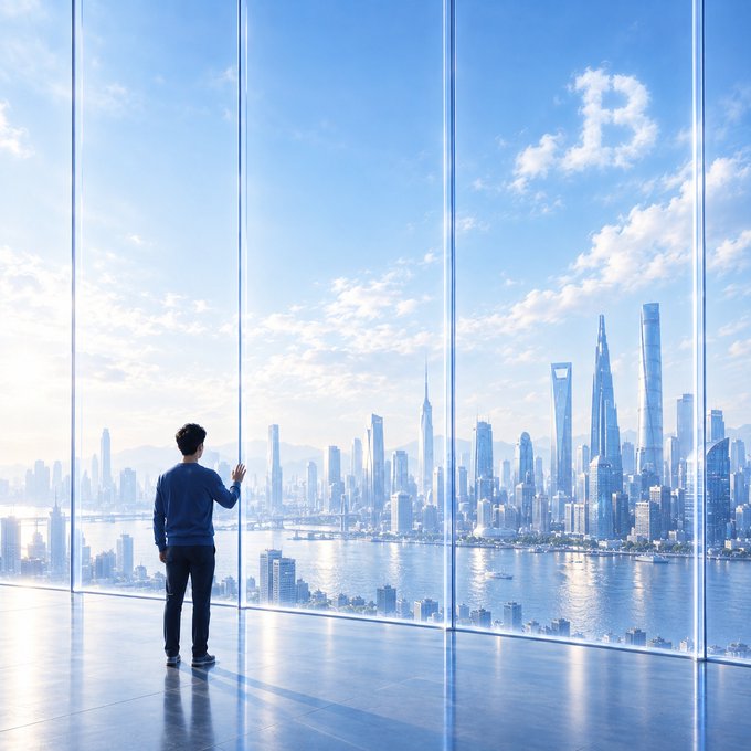 A person in a blue sweater stands before floor-to-ceiling windows, gazing out at a bright, modern city skyline with skyscrapers along a waterfront.