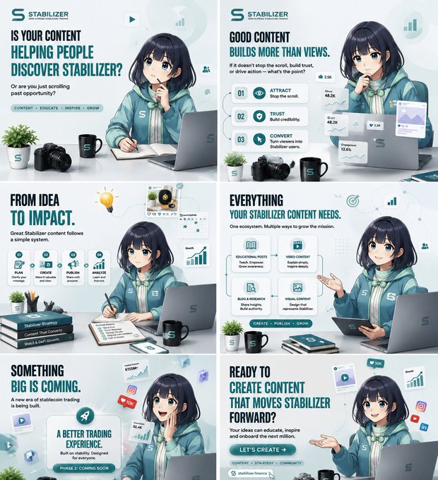 Promotional graphics for "STABILIZER" featuring an anime-style character, highlighting content creation strategy, trust-building, and a "Better Trading Experience" on the "stabilizer.finance" ecosystem.