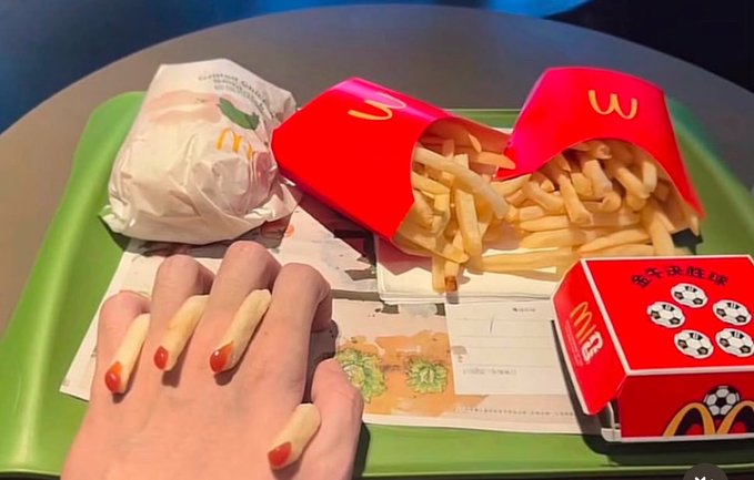 A foot manicure featuring French fry–shaped nail tips sits beside a McDonald's tray with Big Macs, fries, and a Happy Meal box—visually embodying a "bear market date" by pairing down market performance with low-cost fast food.