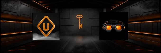 Three game/inventory icons displayed on a dark metallic background with orange lighting: a gold 'U' emblem, an old-fashioned key, and futuristic goggles.