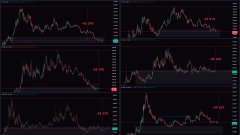 A multi-panel financial trading interface displaying six small candlestick charts showing various price movements and percentage changes on a dark background.