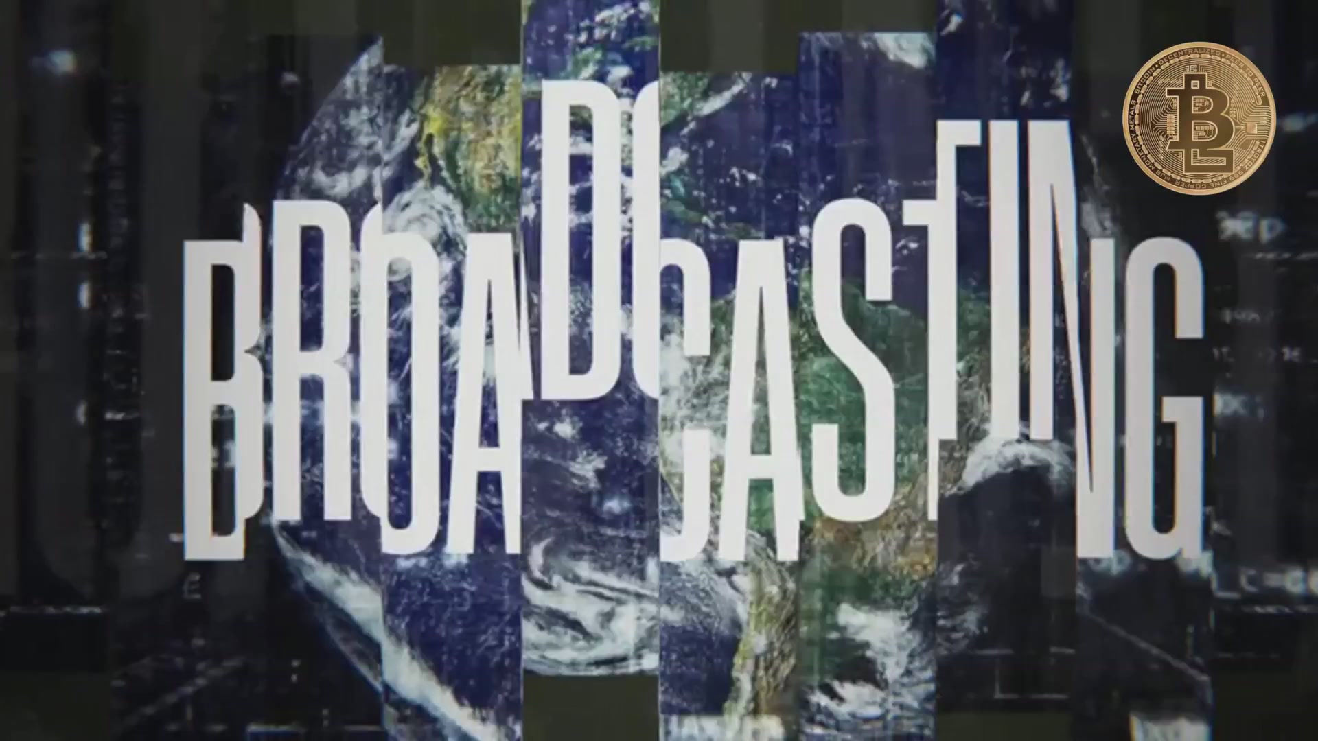 The image features a poster with the title "Broadcasting" written in white letters, surrounded by a black border. Below this title, there's an image of a globe rendered in shades of blue and green. A gold coin is placed on top of the globe, adding a touch of luxury to the scene. The background of the poster is dark gray, providing a stark contrast that makes the colors of the globe and the gold coin stand out.