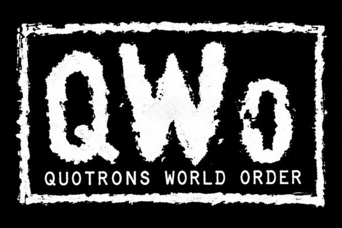 A grungy black-and-white logo features the large, distressed acronym "QWo" with the full name "QUOTRONS WORLD ORDER" displayed in smaller text below, all enclosed within a rough, stamped-style rectangular border, visually branding the "$QUOTRON" token.