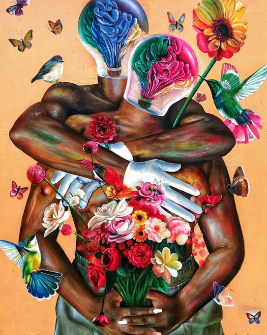A vibrant, surreal painting depicting a figure whose head consists of light bulbs containing colorful roses, surrounded by flowers, hummingbirds, and butterflies on an orange background.