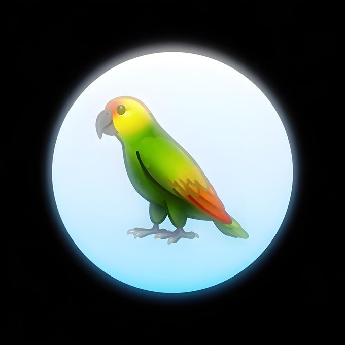 A digital 3D illustration of a green parrot with a yellow and orange face and tail feathers, standing inside a glowing white and blue circular spotlight against a black background.