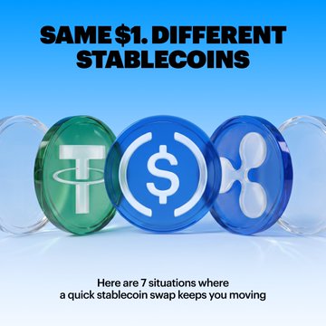 An infographic titled "SAME $1. DIFFERENT STABLECOINS" displays 3D rendered circular icons representing Tether (Tether), USDC (USDC), and Ripple/XRP stablecoins, with a caption noting "Here are 7 situations where a quick stablecoin swap keeps you moving."

This image directly illustrates the post's message by visually representing the interchangeable nature of stablecoins at the same $1 value, supporting the idea that swapping between different stablecoins (like Tether and USDC) is a practical solution for everyday crypto needs via Tangem.