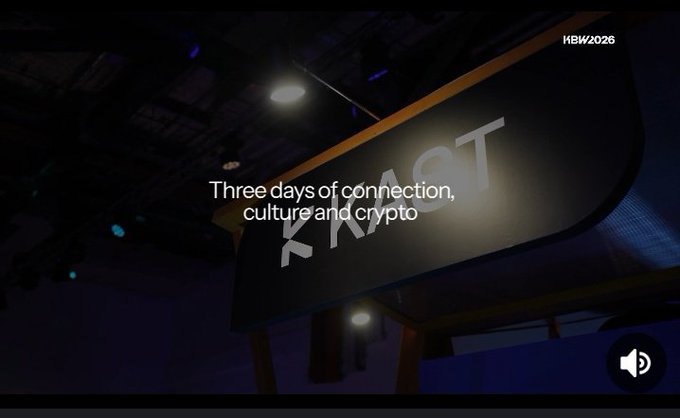 A dimly lit sign reads 'KR/ACT' with overlay text stating 'Three days of connect, culture and crypto' and 'HBIW2026' in the corner.