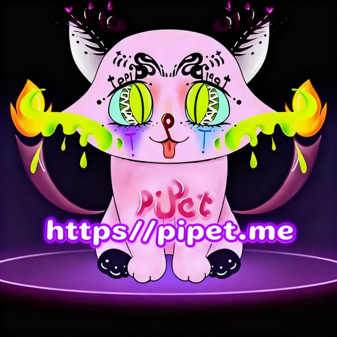 A stylized pink cat-like creature with oversized green eyes, dramatic horns, and dripping paint accents stands against a purple background, with "PiPet" and "https://pipet.me" displayed in neon text below. The whimsical mascot serves as the branding for PiPet, the platform mentioned in the security upgrade announcement to its players.