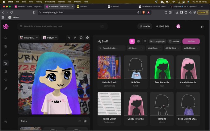 A screenshot shows the ChatGPT interface displaying 'Candylabs' gacha builder with a blue-haired anime-style avatar, showing various NFT traits like 'Paint is Fresh', 'Nub Tee', 'Seer Retardia', and 'Candy Retardia'.