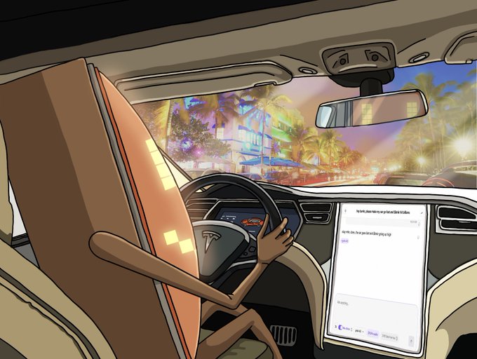An animated cartoon showing a surfboard-shaped character driving a Tesla with Google search results visible on the dashboard screen at night.