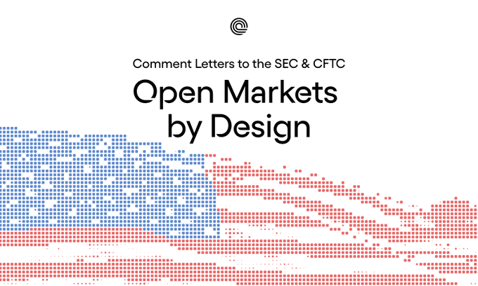 The image is a graphic titled "Open Markets by Design" featuring the subtitle "Comment Letters to the SEC & CFTC," with a stylized blue and red pixelated design resembling a flag in the background. It directly corresponds to Ondo's three comment letters sent to the SEC and CFTC, visually emphasizing their message that single-stock perpetuals can be launched in the US under existing statutory law without new rules.