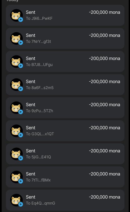 The image shows a transaction history displaying multiple "Sent" entries of -200,000 MONA each to various wallet addresses, serving as supposed proof of the airdrop claim mentioned in the accompanying post. The repetitive pattern of identical 200,000 MONA transactions to different addresses is designed to mimic legitimate airdrop distributions, but is characteristic of a scam used to lend false credibility to the giveaway.
