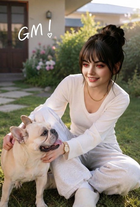 A young woman with dark hair in a bun smiles while posing with a French bulldog outdoors on grass, with 'GM!' written in the upper left corner.