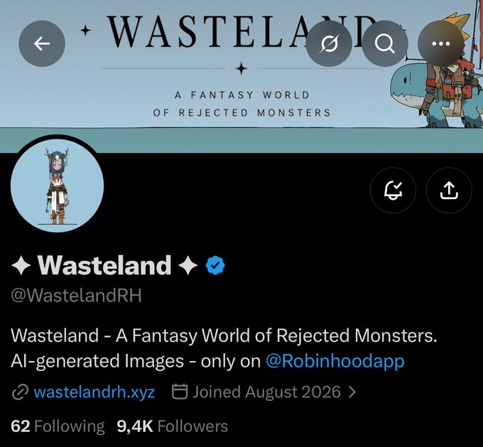 A screenshot of the verified Twitter/X profile for "Wasteland" (@WastelandRH), tagged with "A Fantasy World of Rejected Monsters" and showcasing 9.4K followers, AI-generated content hosted on wastelandrh.xyz—likely shared to celebrate securing the project for a Lakzone allocation.