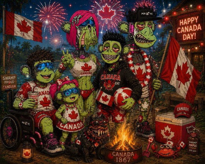 A Canada Day themed illustration showing zombie/ape characters celebrating with Canadian flags, maple leaf clothing, fireworks, and signs reading 'HAPPY CANADA DAY!' and 'SWAMP PROUD CANADIAN'.