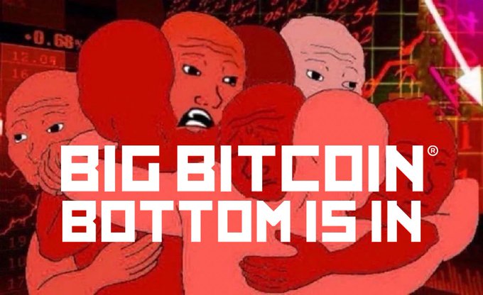 Meme-style image with red-toned crying bald characters and text reading "BIG BITCOIN BOTTOM IS IN" over a financial chart background.