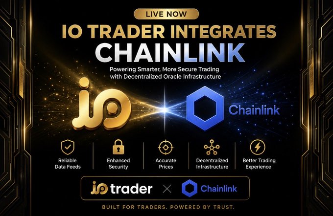 A promotional graphic announcing "IO Trader Integrates Chainlink — Live Now," featuring the gold IO Trader and blue Chainlink logos alongside a bright central light burst. The image visually reinforces the post's announcement by highlighting five key benefits: Reliable Data Feeds, Enhanced Security, Accurate Prices, Decentralized Infrastructure, and Better Trading Experience, with the tagline "Built for Traders. Powered by Trust."