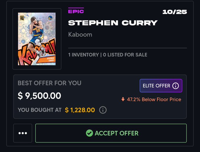 The image shows a DraftKings NFT marketplace listing for an Epic "Kaboom" Stephen Curry card (10/25), offering the user a best offer of $9,500.00—marked as an "Elite Offer" 47.2% below floor price—against their original purchase price of $1,228.00, illustrating the kind of high-value sale opportunity that keeps collectors engaged with multiple NFT platforms like the ones mentioned in the post.