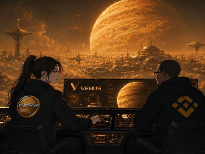 Two operators in branded "VENUS" jackets sit at a control console with the planet Venus visible on their monitors and through a large window, suggesting they are overseeing a Venus-related cryptocurrency or space mission project.