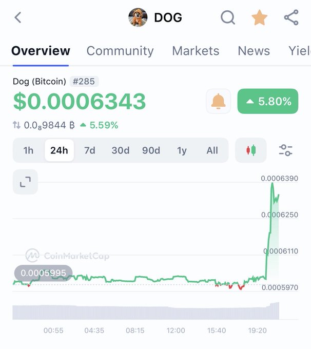 A CoinMarketCap mobile app screenshot displays the price of "Dog (Bitcoin)" at $0.0006343 with a 5.80% increase, showing a 24-hour price chart with a significant spike near the end.