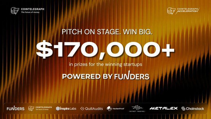 A promotional graphic for Cointelegraph Acceleration features bold white text reading "PITCH ON STAGE. WIN BIG. $170,000+ in prizes for the winning startups POWERED BY FUNDERS" against a warm orange and black vertically streaked background. The Cointelegraph logo appears in the top corners, while sponsor logos including Inspira Labs, QuilAudits, HackenProof, Skynet Trading, Metalex, and Chainstack line the bottom, matching the post's call to action for startups to apply to pitch at the Singapore event.