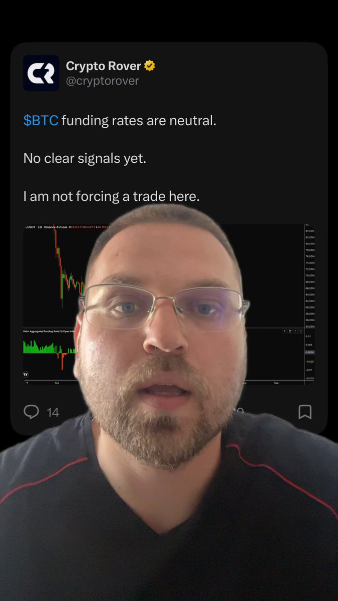 The image shows a man wearing glasses with a beard, who appears to be a crypto enthusiast or an expert in the field. He is looking directly at the camera while holding up his phone displaying a message about Bitcoin funding rates being neutral. The man seems to be sharing this information on social media platforms like Twitter and Instagram.