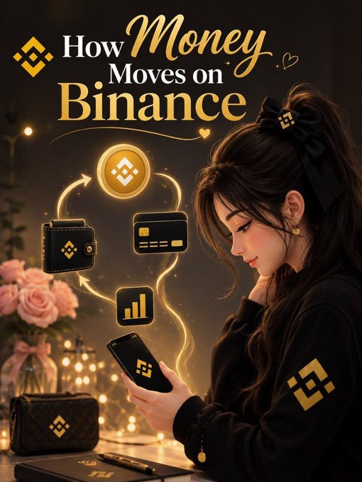 The image, titled **"How Money Moves on Binance"** with the Binance logo prominently displayed, shows a young woman in a black hoodie (featuring the Binance logo) looking down at her phone, which displays the Binance app icon, surrounded by floating graphics of a wallet, credit card, BNB coin, and analytics chart—all set against a warm, glowing background with roses and fairy lights.

This visual perfectly complements the post by illustrating the **different methods of moving funds on Binance**—P2P, Bank Transfer, and Crypto Deposit/Withdrawal—through the wallet, card, and coin icons, while the woman engaged with her phone represents the user experience of choosing among these options on the Binance platform.