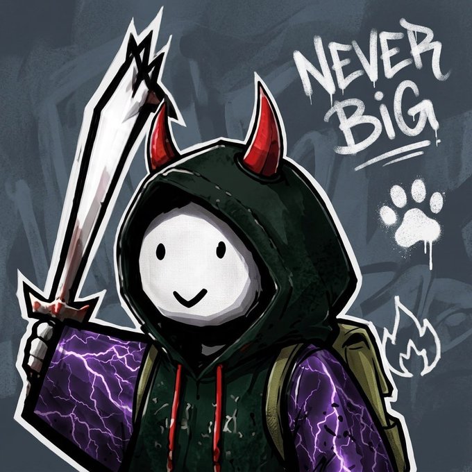 An illustration of a hooded character with red devil horns, a smiling white mask face, holding a sword, wearing a green hoodie with purple lightning sleeves, accompanied by the text 'NEVER BIG' and a paw print logo.