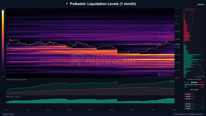 The image is an Alphractal chart titled "Polkadot: Liquidation Levels (1 month)" showing DOT/USDT liquidations from July 5 to August 5, 2025, with a dominant cluster of long liquidation levels near $4.15 (highlighted in bright orange/yellow) and a much sparser distribution of short liquidation levels near $5.59 on the right-side histogram. This visualizes the post's claim that long positions on Polkadot have been repeatedly destroyed, as evidenced by the massive concentration of long liquidations versus the relatively minor short liquidations on the opposite side.