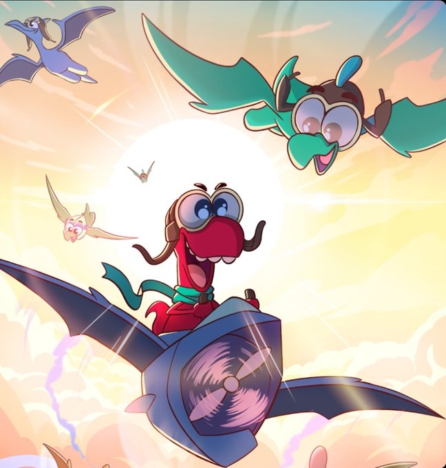 A cartoon illustration of flying pterodactyl-like characters soaring through a bright, cloudy sky.